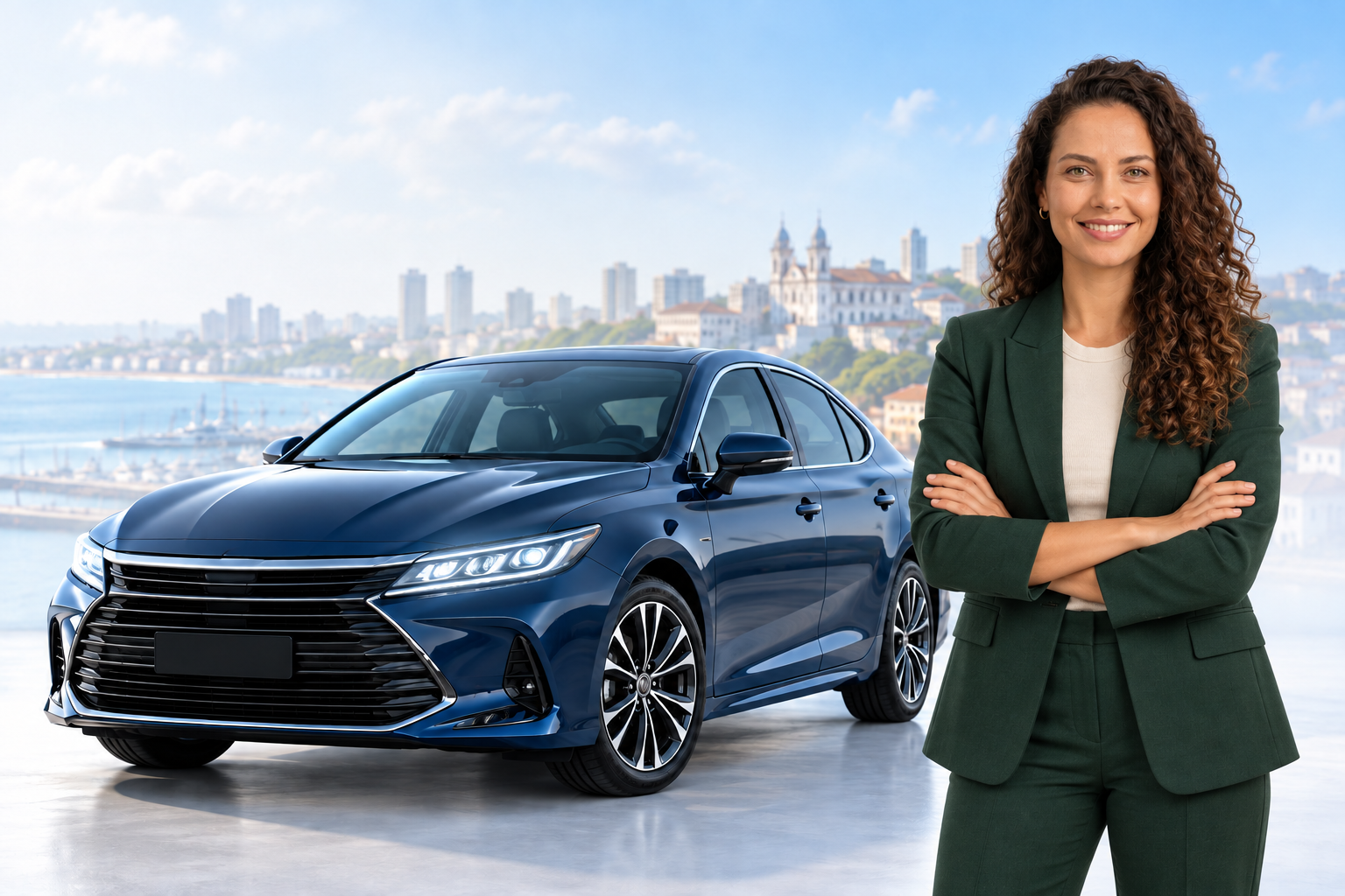 Consultora ao lado de um carro azul, com Salvador ao fundo