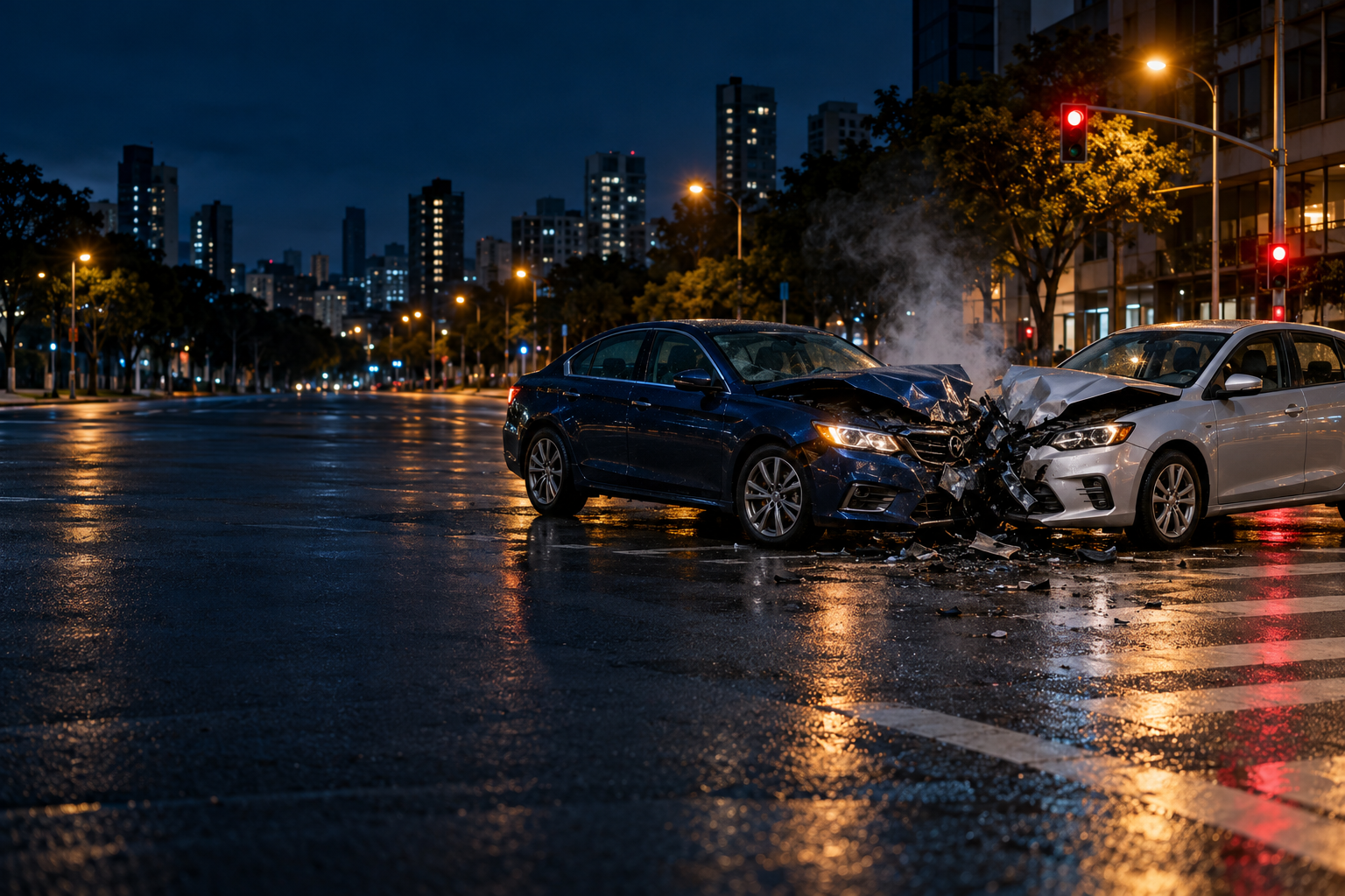 Dois carros com danos após uma colisão e uma leve fumaça saindo dos motores, em cena ilustrativa.