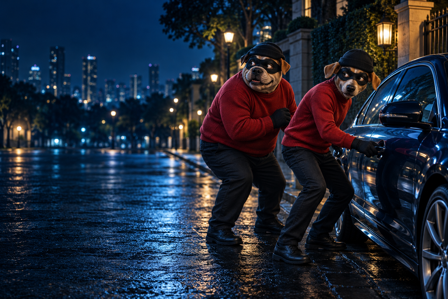 Dois personagens fictícios com aparência canina, máscaras e roupas vermelhas ao lado de um carro, representando o risco de roubo.